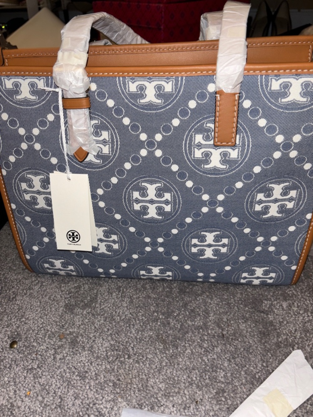 Tory Burch Navy Canvas Logo Tote with Tan Trim